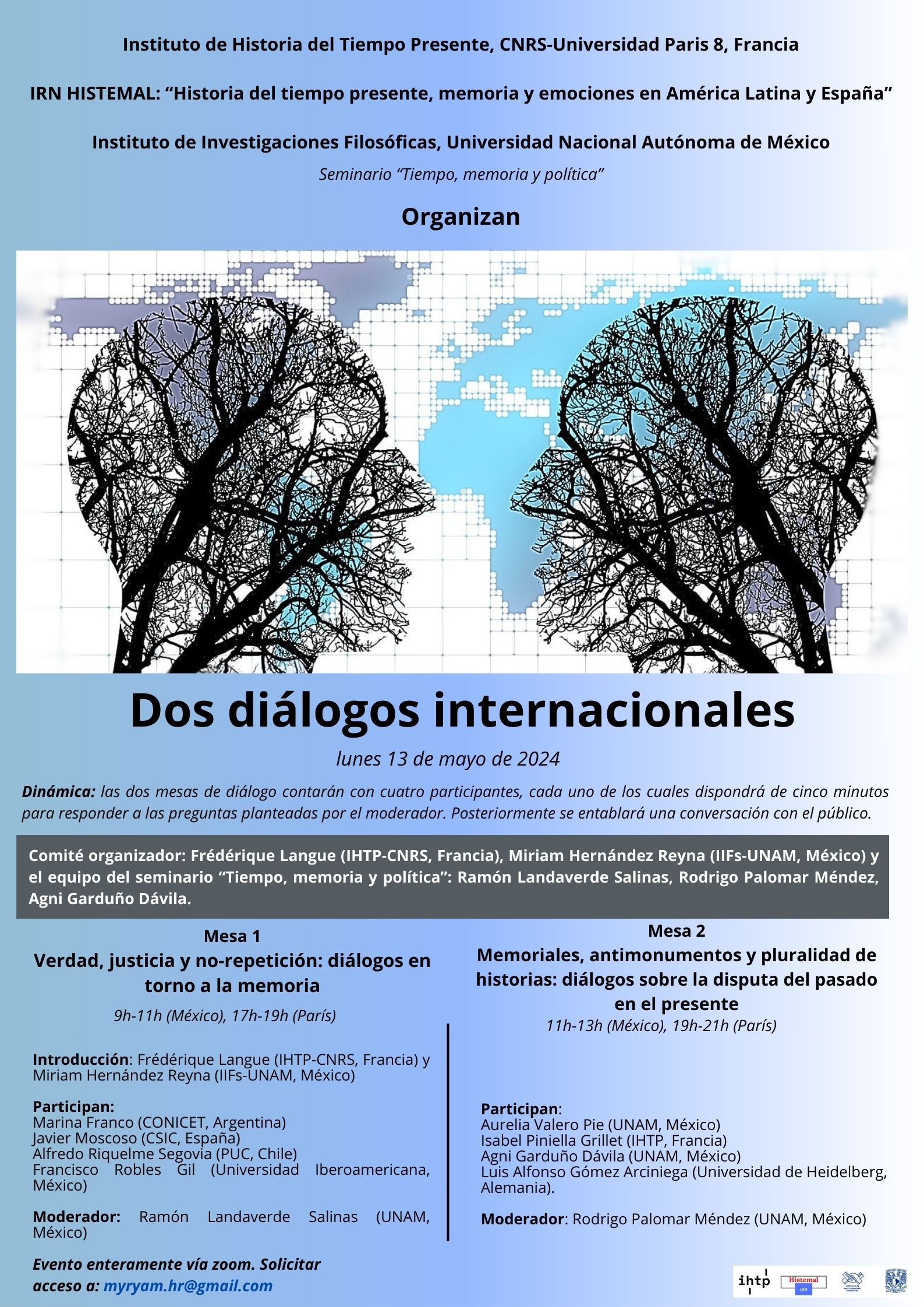 Poster del evento "Dialogos internacionales" del IRN HISTEMAL y del IIFs